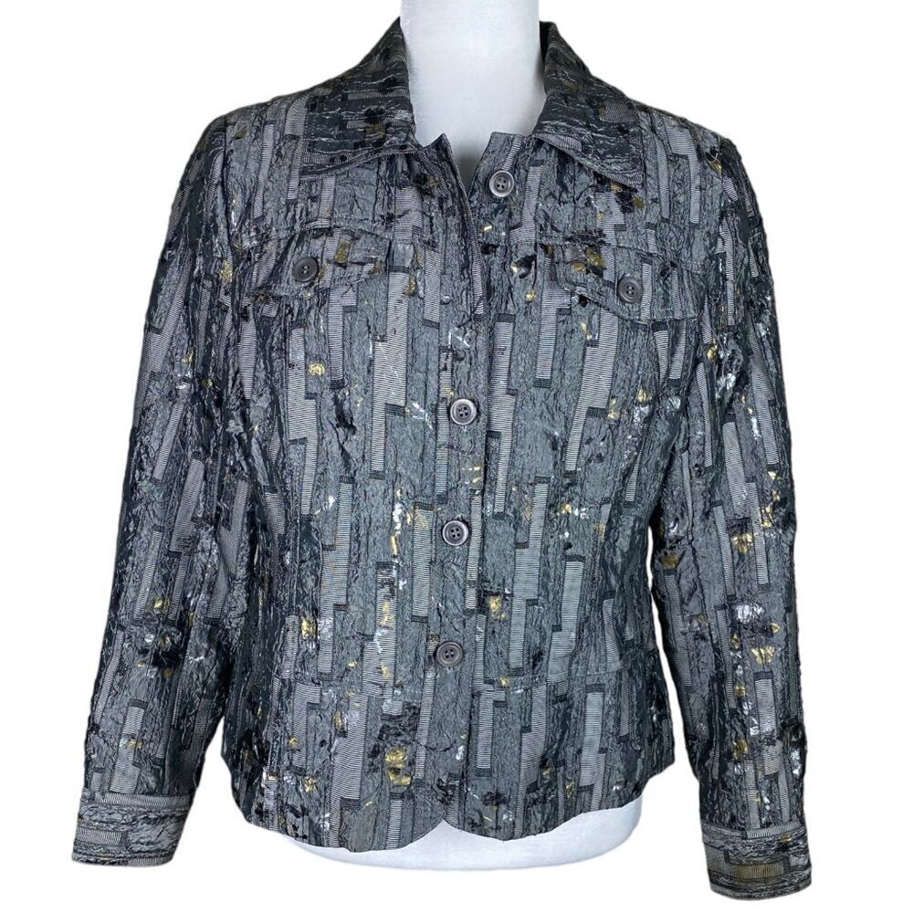 Erin London Blazer Jacket Boxy Lagenlook Metallic Gold / Silver Accents Size PM